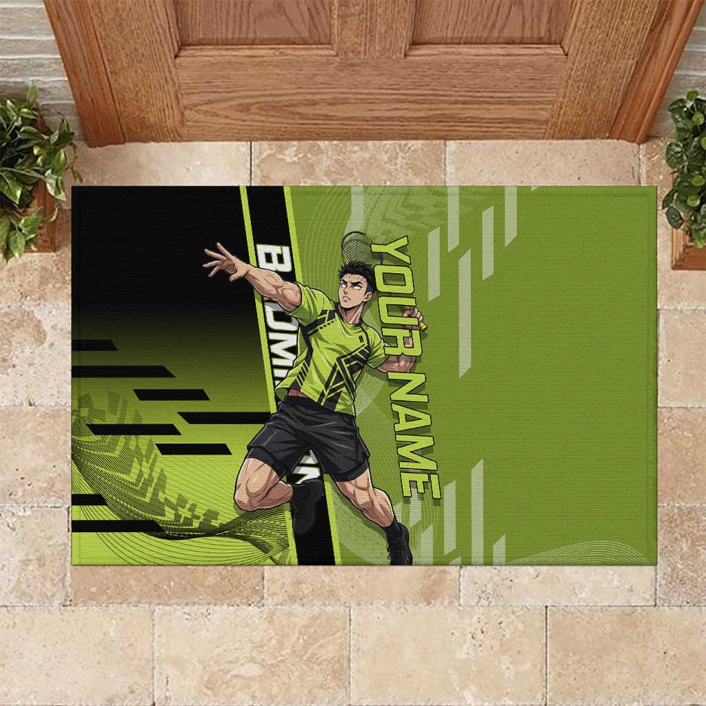 Personalized Gyomei Himejima Demon Slayer Badminton Rubber Doormat with Racket Action Pose and Green Black Graphic Design - The Mazicc