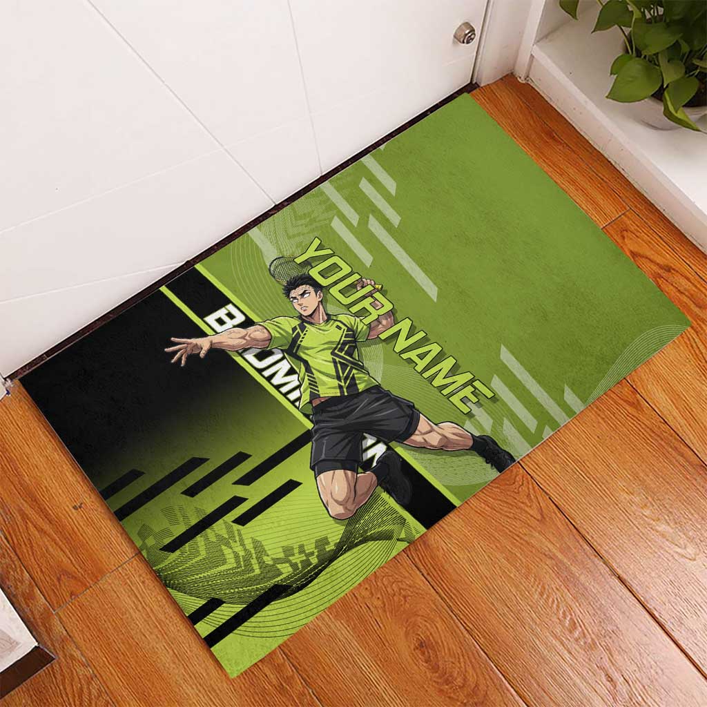 Personalized Gyomei Himejima Demon Slayer Badminton Rubber Doormat with Racket Action Pose and Green Black Graphic Design - The Mazicc