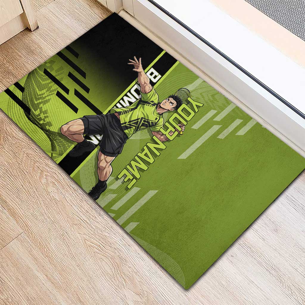 Personalized Gyomei Himejima Demon Slayer Badminton Rubber Doormat with Racket Action Pose and Green Black Graphic Design - The Mazicc