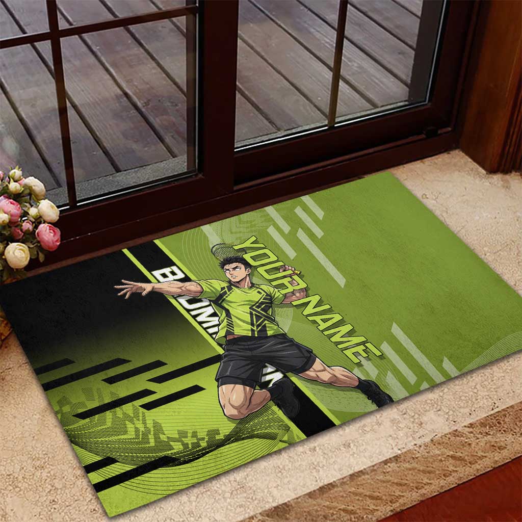 Personalized Gyomei Himejima Demon Slayer Badminton Rubber Doormat with Racket Action Pose and Green Black Graphic Design - The Mazicc