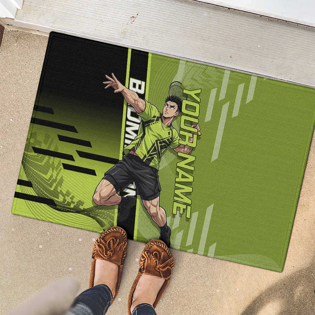 Personalized Gyomei Himejima Demon Slayer Badminton Rubber Doormat with Racket Action Pose and Green Black Graphic Design - The Mazicc