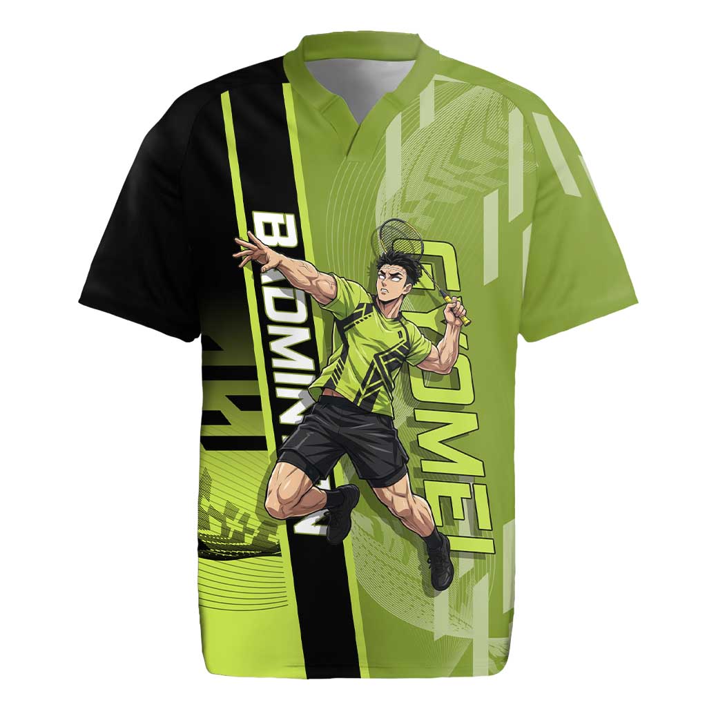 Personalized Gyomei Himejima Demon Slayer Badminton Rugby Jersey with Racket Action Pose and Green Black Graphic Design - The Mazicc