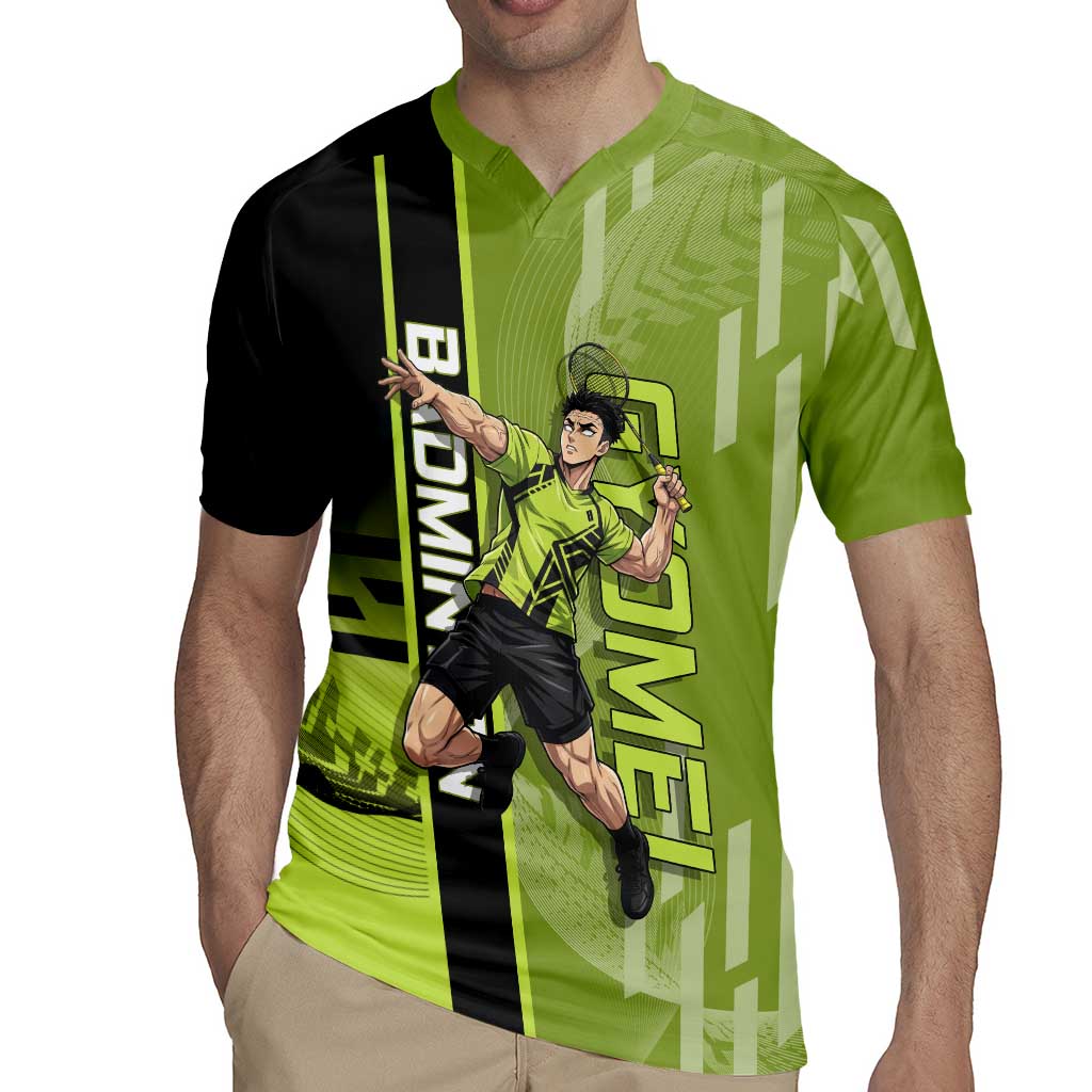 Personalized Gyomei Himejima Demon Slayer Badminton Rugby Jersey with Racket Action Pose and Green Black Graphic Design - The Mazicc