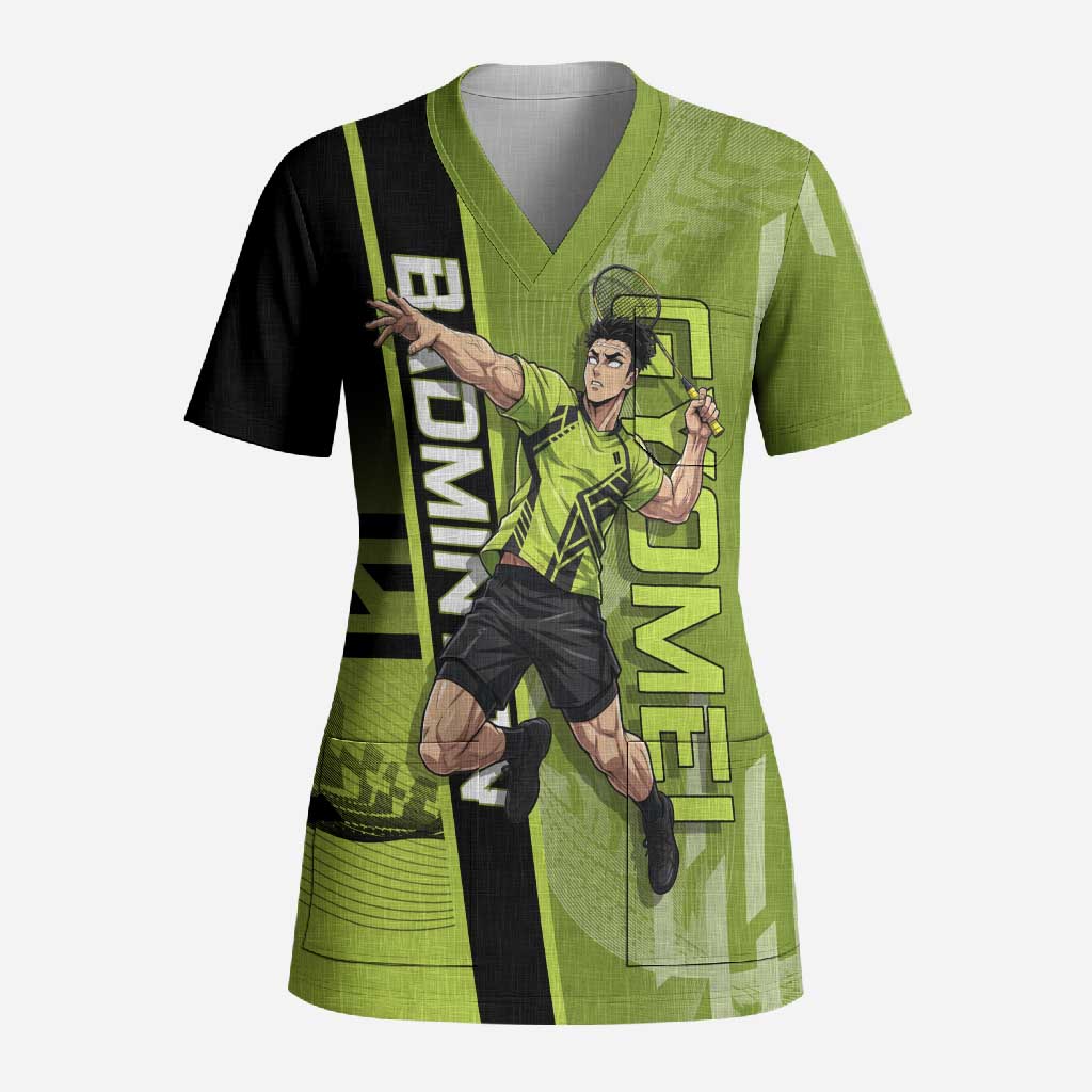 Personalized Gyomei Himejima Demon Slayer Badminton Scrub Top with Racket Action Pose and Green Black Graphic Design - The Mazicc