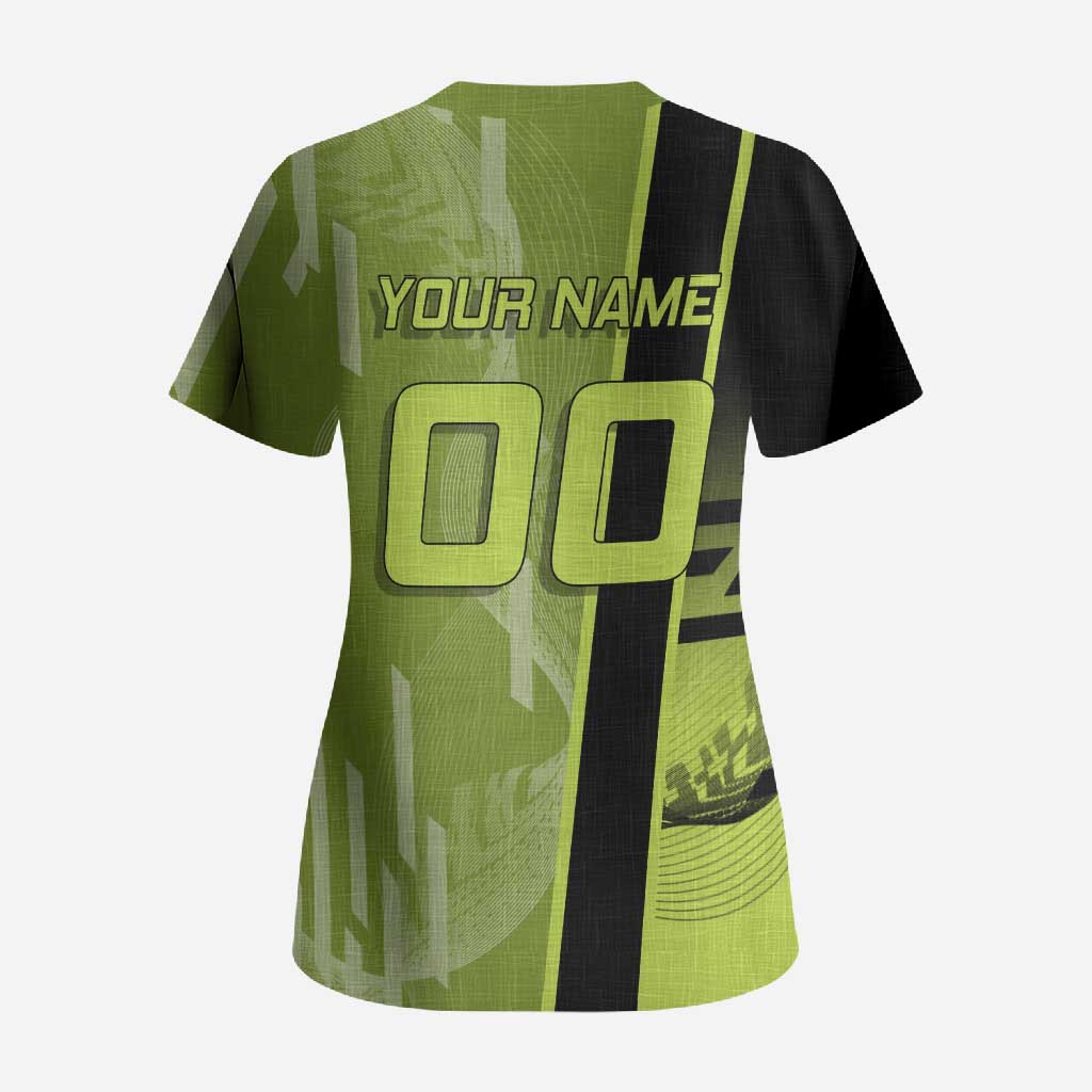 Personalized Gyomei Himejima Demon Slayer Badminton Scrub Top with Racket Action Pose and Green Black Graphic Design - The Mazicc