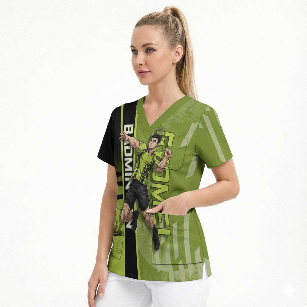 Personalized Gyomei Himejima Demon Slayer Badminton Scrub Top with Racket Action Pose and Green Black Graphic Design - The Mazicc