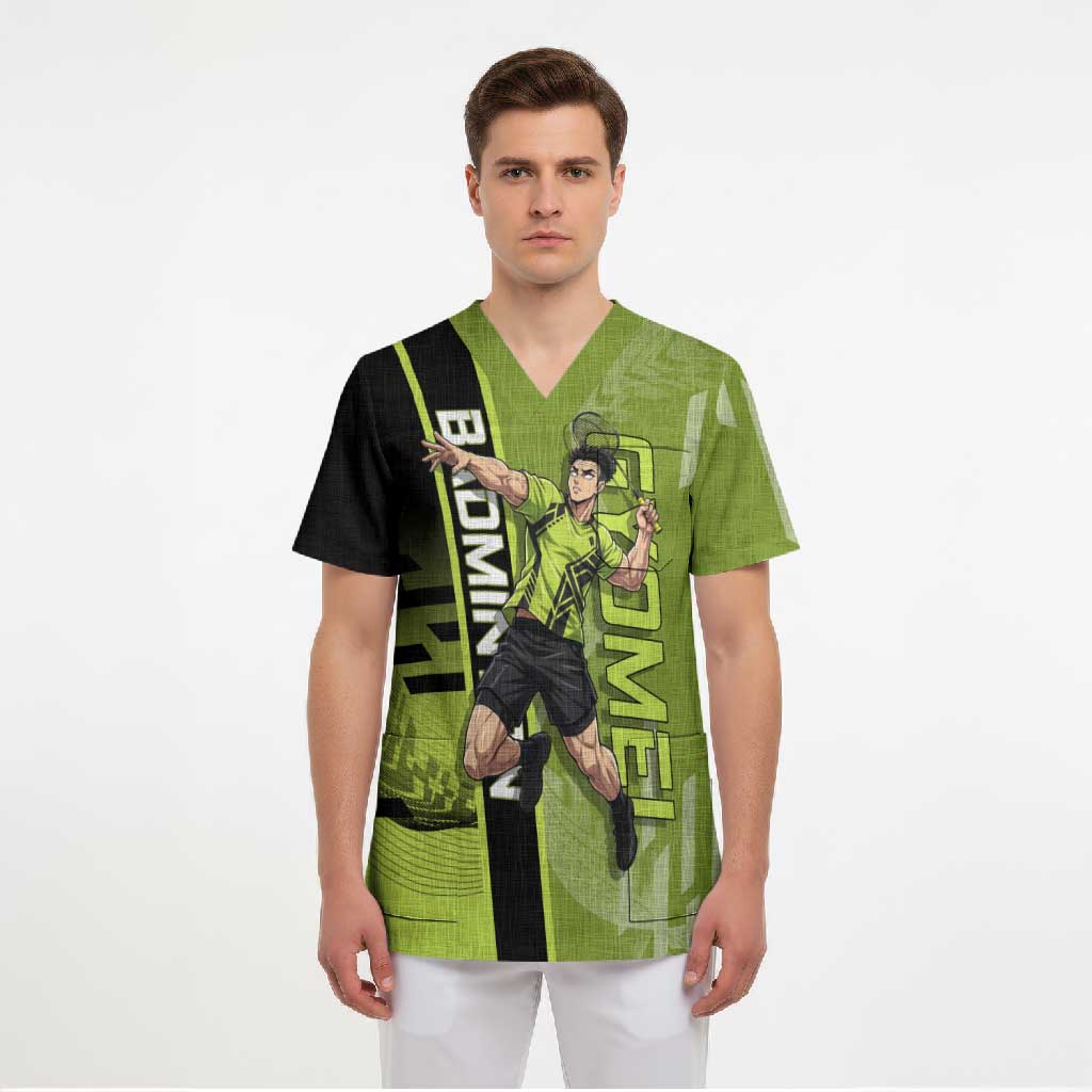 Personalized Gyomei Himejima Demon Slayer Badminton Scrub Top with Racket Action Pose and Green Black Graphic Design - The Mazicc