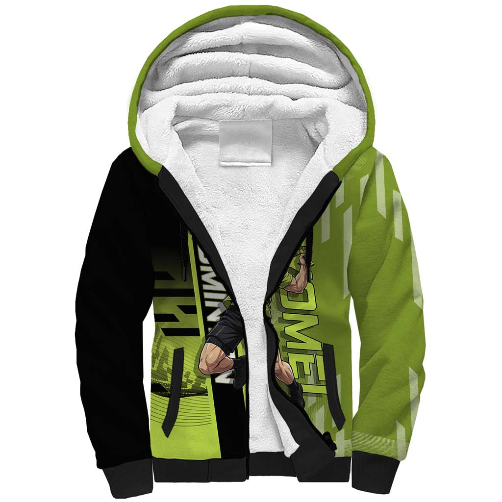 Personalized Gyomei Himejima Demon Slayer Badminton Sherpa Hoodie with Racket Action Pose and Green Black Graphic Design - The Mazicc