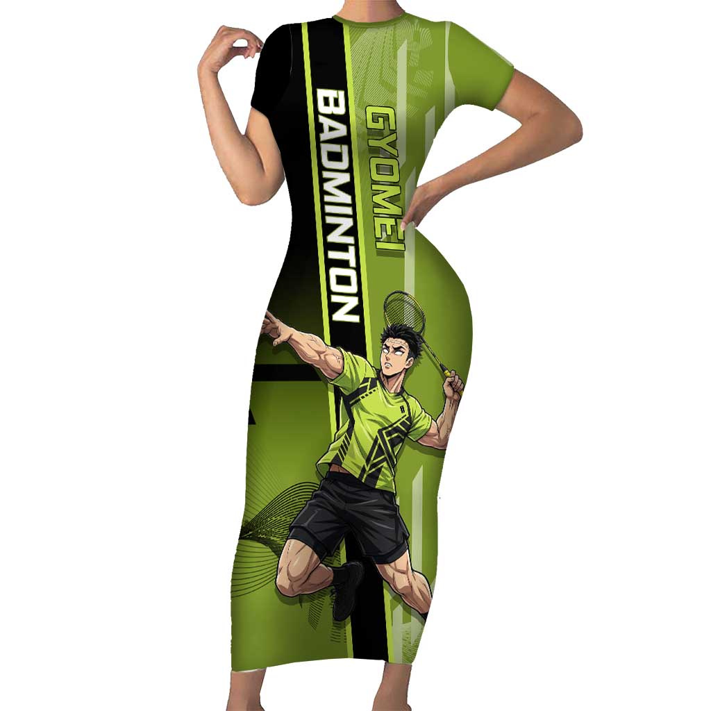 Personalized Gyomei Himejima Demon Slayer Badminton Short Sleeve Bodycon Dress with Racket Action Pose and Green Black Graphic Design - The Mazicc