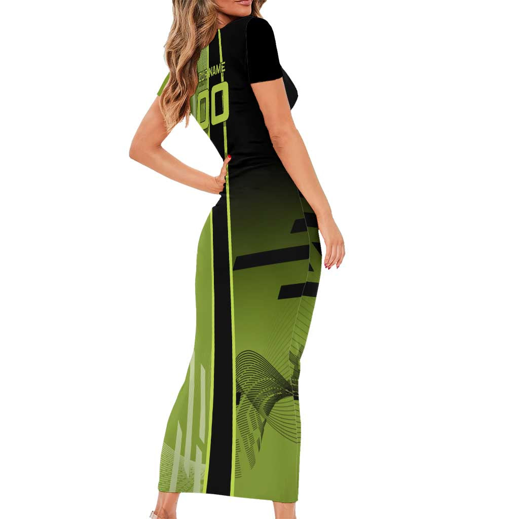 Personalized Gyomei Himejima Demon Slayer Badminton Short Sleeve Bodycon Dress with Racket Action Pose and Green Black Graphic Design - The Mazicc