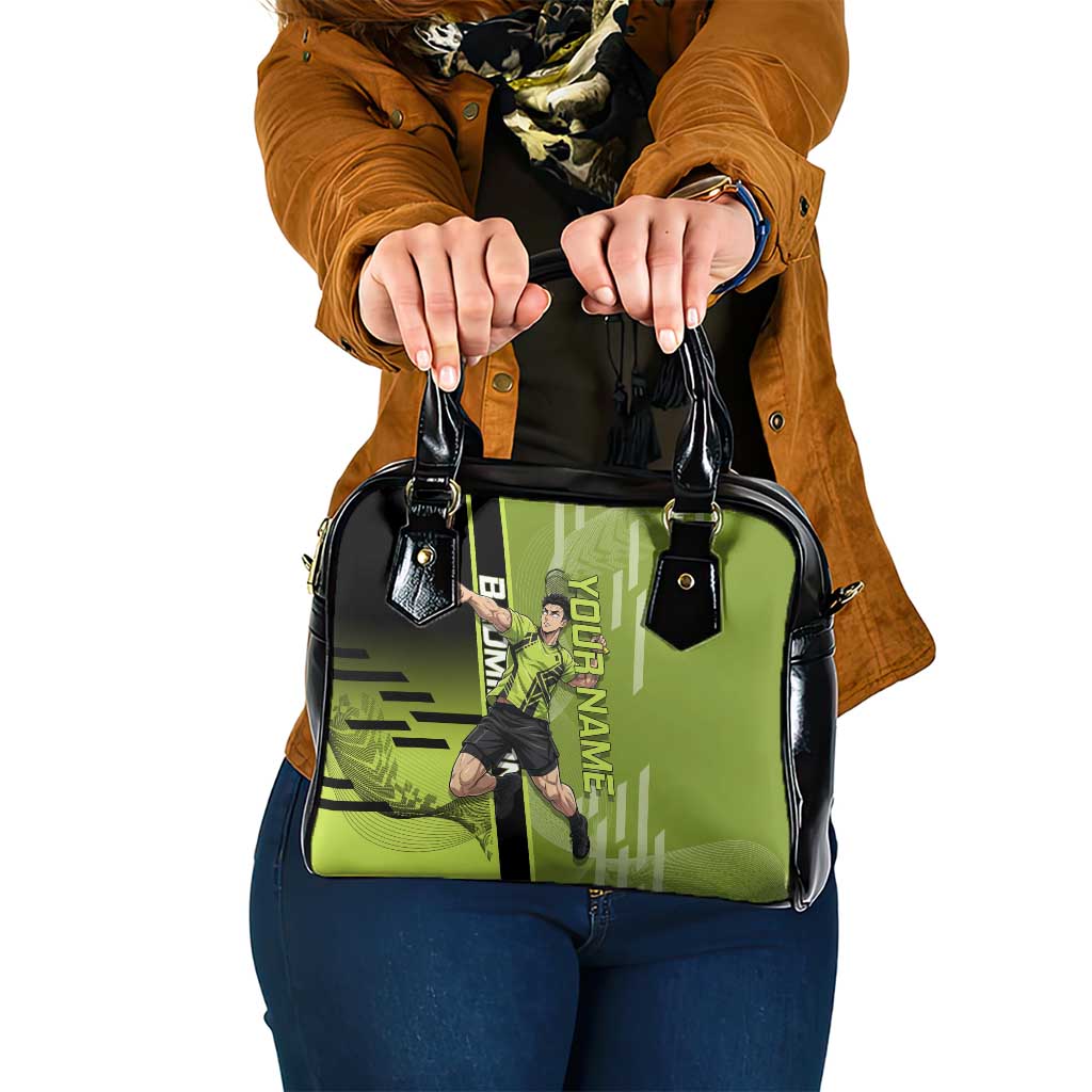 Personalized Gyomei Himejima Demon Slayer Badminton Shoulder Handbag with Racket Action Pose and Green Black Graphic Design - The Mazicc