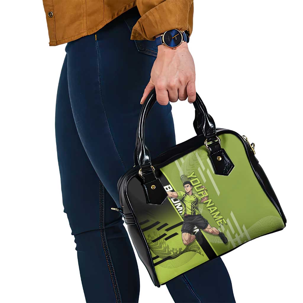 Personalized Gyomei Himejima Demon Slayer Badminton Shoulder Handbag with Racket Action Pose and Green Black Graphic Design - The Mazicc