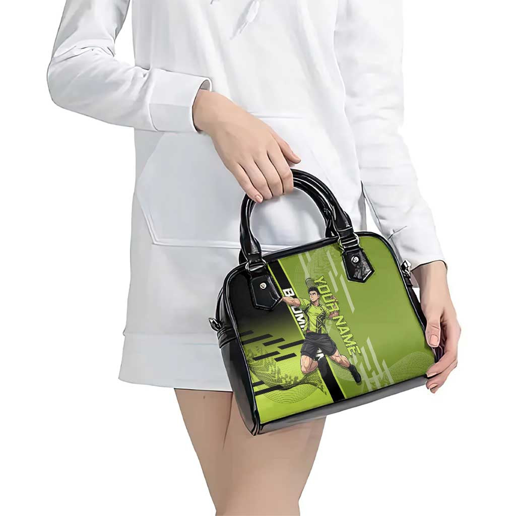 Personalized Gyomei Himejima Demon Slayer Badminton Shoulder Handbag with Racket Action Pose and Green Black Graphic Design - The Mazicc