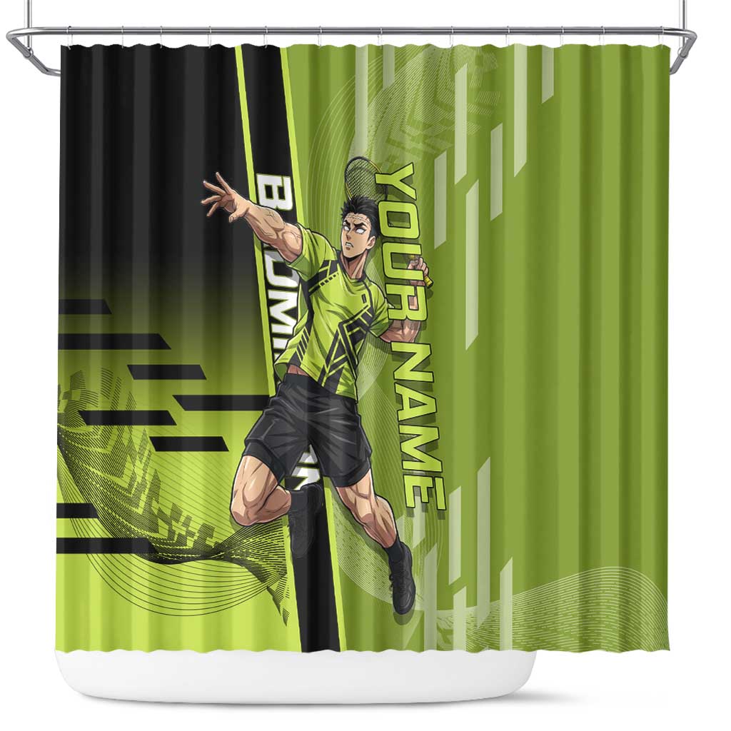 Personalized Gyomei Himejima Demon Slayer Badminton Shower Curtain with Racket Action Pose and Green Black Graphic Design - The Mazicc