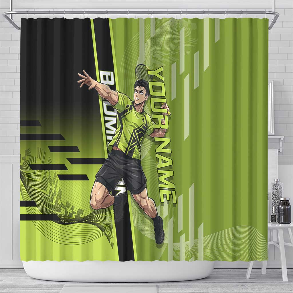 Personalized Gyomei Himejima Demon Slayer Badminton Shower Curtain with Racket Action Pose and Green Black Graphic Design - The Mazicc