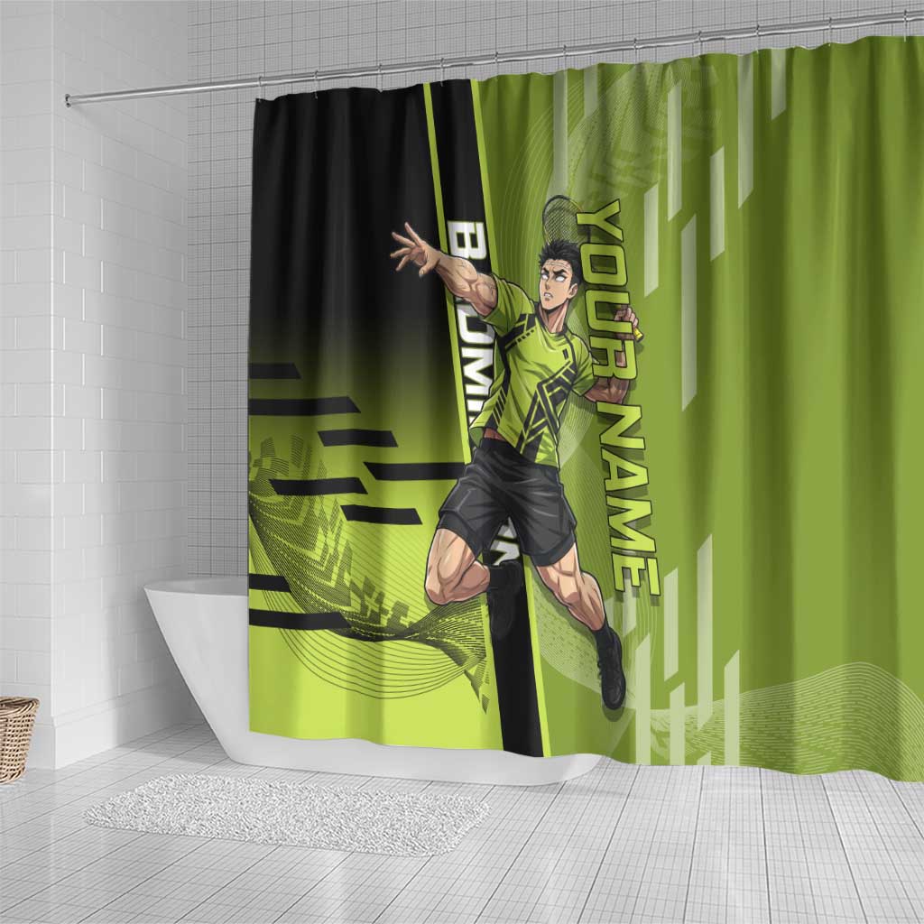 Personalized Gyomei Himejima Demon Slayer Badminton Shower Curtain with Racket Action Pose and Green Black Graphic Design - The Mazicc