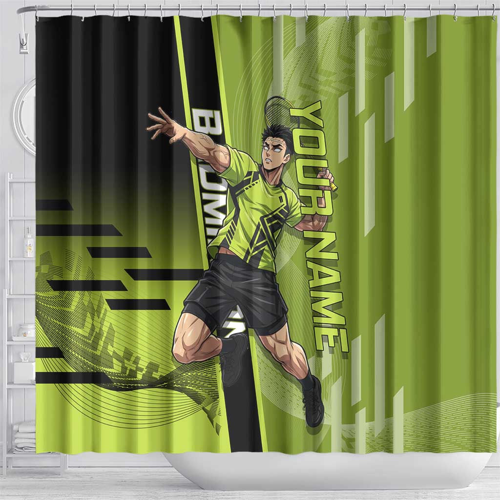 Personalized Gyomei Himejima Demon Slayer Badminton Shower Curtain with Racket Action Pose and Green Black Graphic Design - The Mazicc