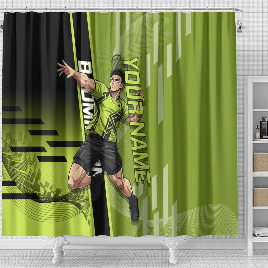 Personalized Gyomei Himejima Demon Slayer Badminton Shower Curtain with Racket Action Pose and Green Black Graphic Design - The Mazicc