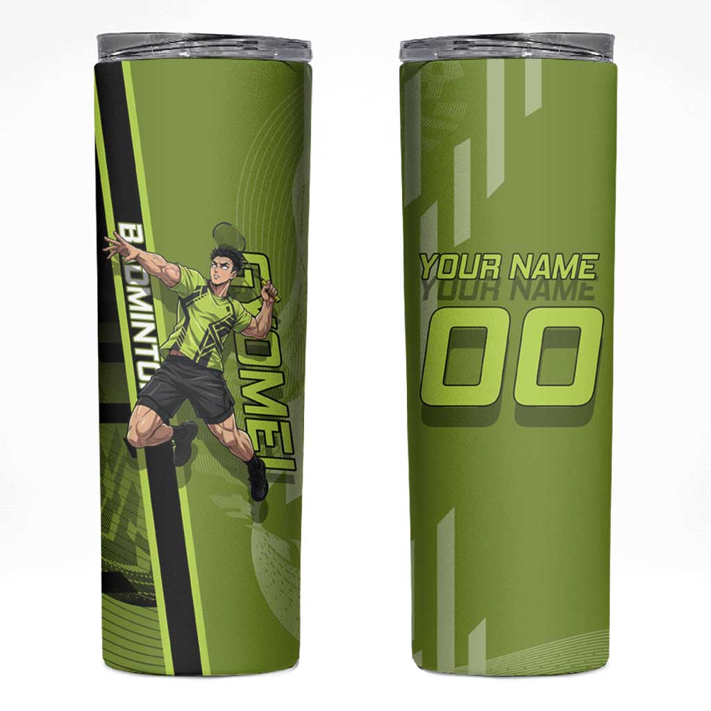Personalized Gyomei Himejima Demon Slayer Badminton Skinny Tumbler with Racket Action Pose and Green Black Graphic Design - The Mazicc