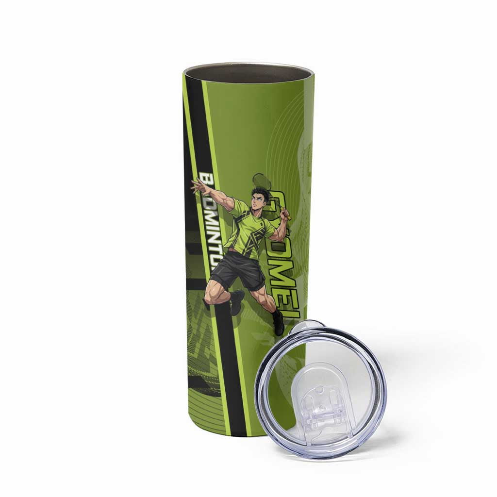 Personalized Gyomei Himejima Demon Slayer Badminton Skinny Tumbler with Racket Action Pose and Green Black Graphic Design - The Mazicc