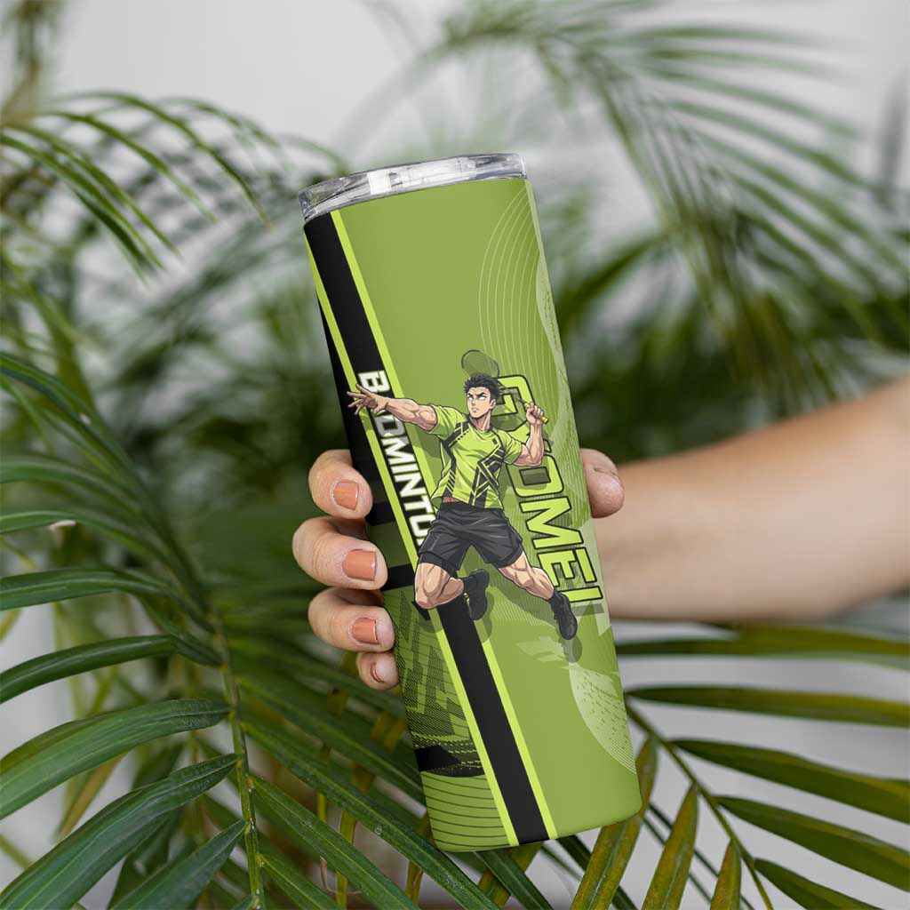 Personalized Gyomei Himejima Demon Slayer Badminton Skinny Tumbler with Racket Action Pose and Green Black Graphic Design - The Mazicc