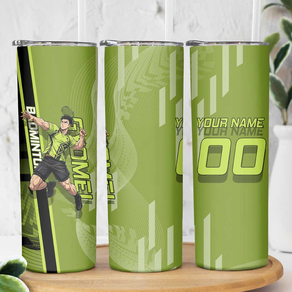 Personalized Gyomei Himejima Demon Slayer Badminton Skinny Tumbler with Racket Action Pose and Green Black Graphic Design - The Mazicc