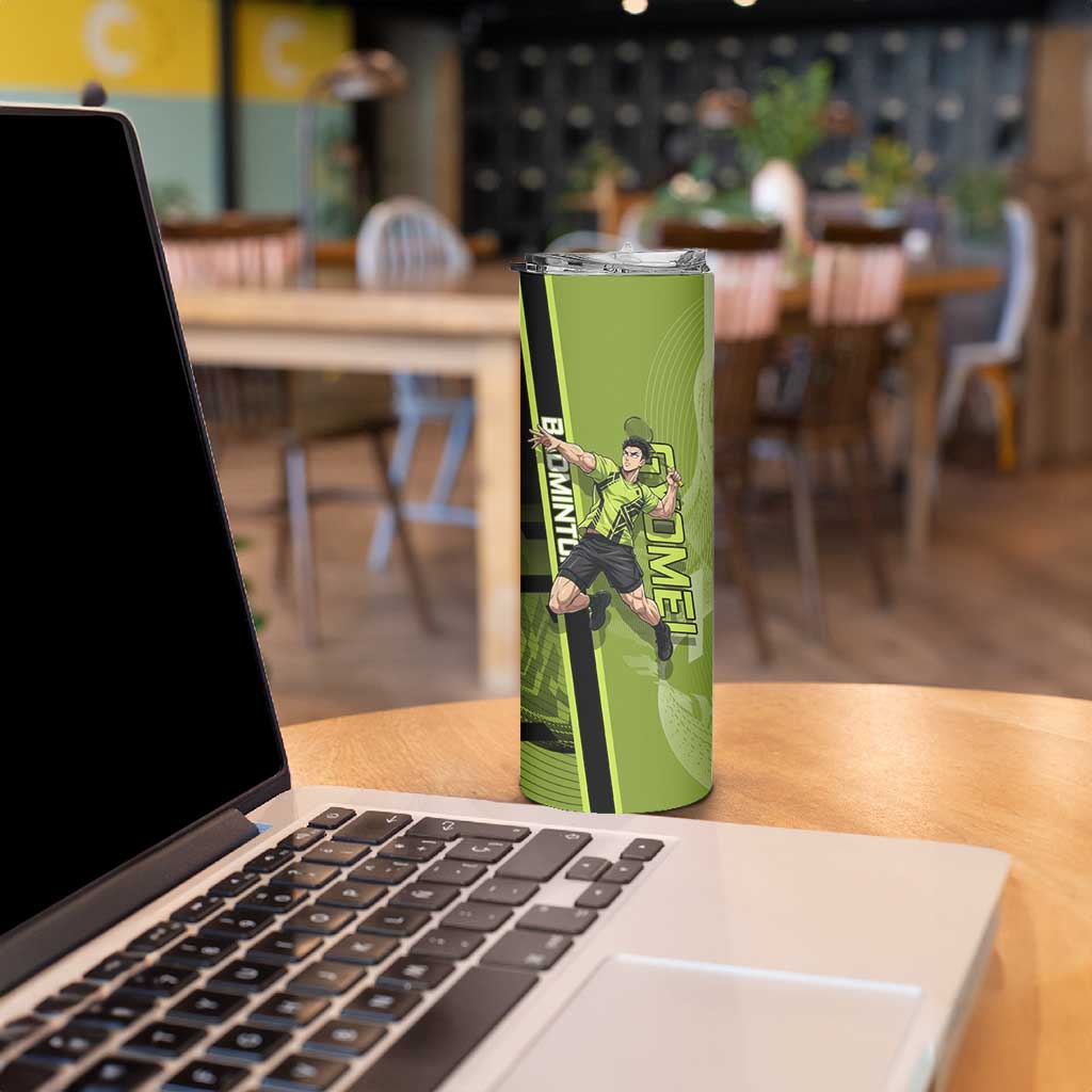 Personalized Gyomei Himejima Demon Slayer Badminton Skinny Tumbler with Racket Action Pose and Green Black Graphic Design - The Mazicc