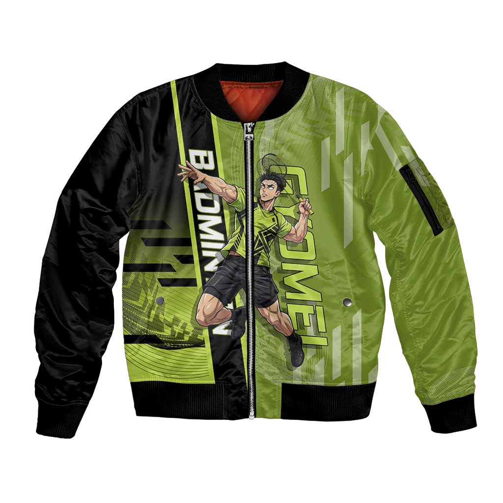 Personalized Gyomei Himejima Demon Slayer Badminton Sleeve Zip Bomber Jacket with Racket Action Pose and Green Black Graphic Design - The Mazicc