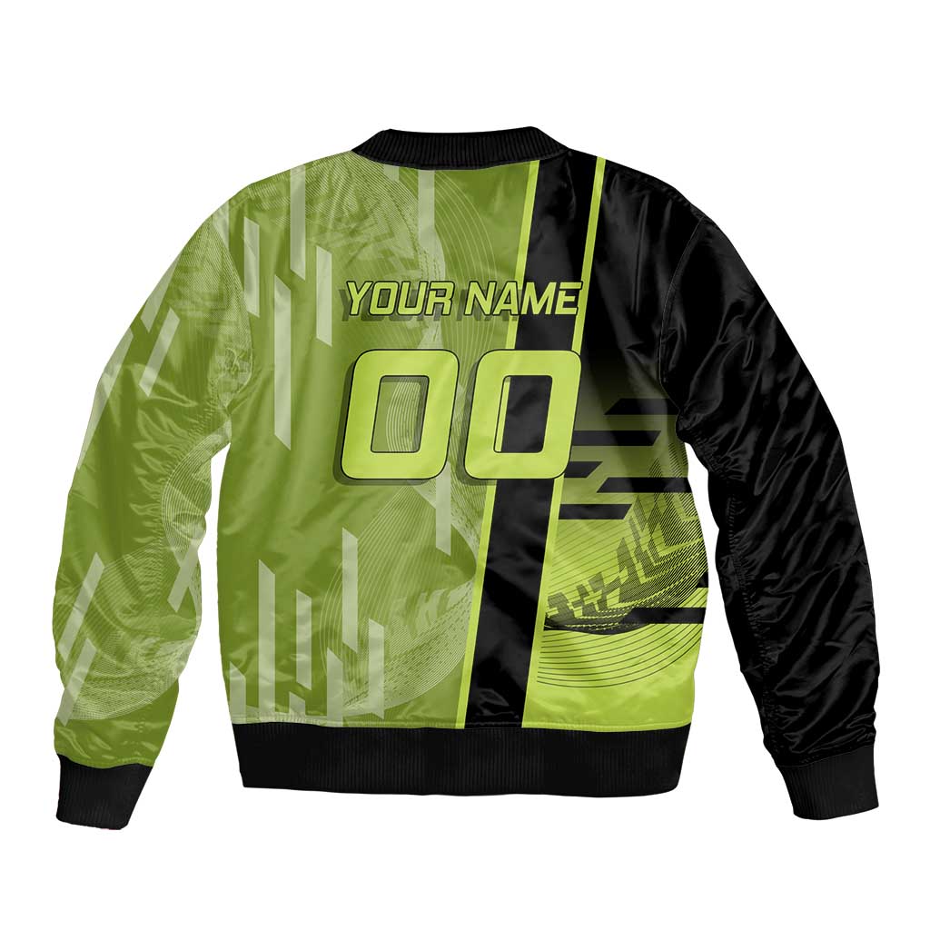 Personalized Gyomei Himejima Demon Slayer Badminton Sleeve Zip Bomber Jacket with Racket Action Pose and Green Black Graphic Design - The Mazicc