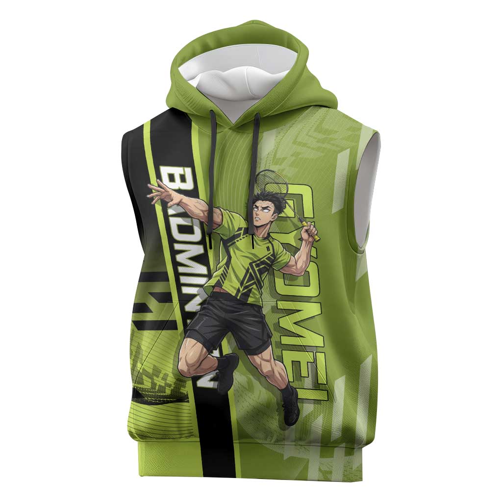 Personalized Gyomei Himejima Demon Slayer Badminton Sleeveless Hoodie with Racket Action Pose and Green Black Graphic Design - The Mazicc