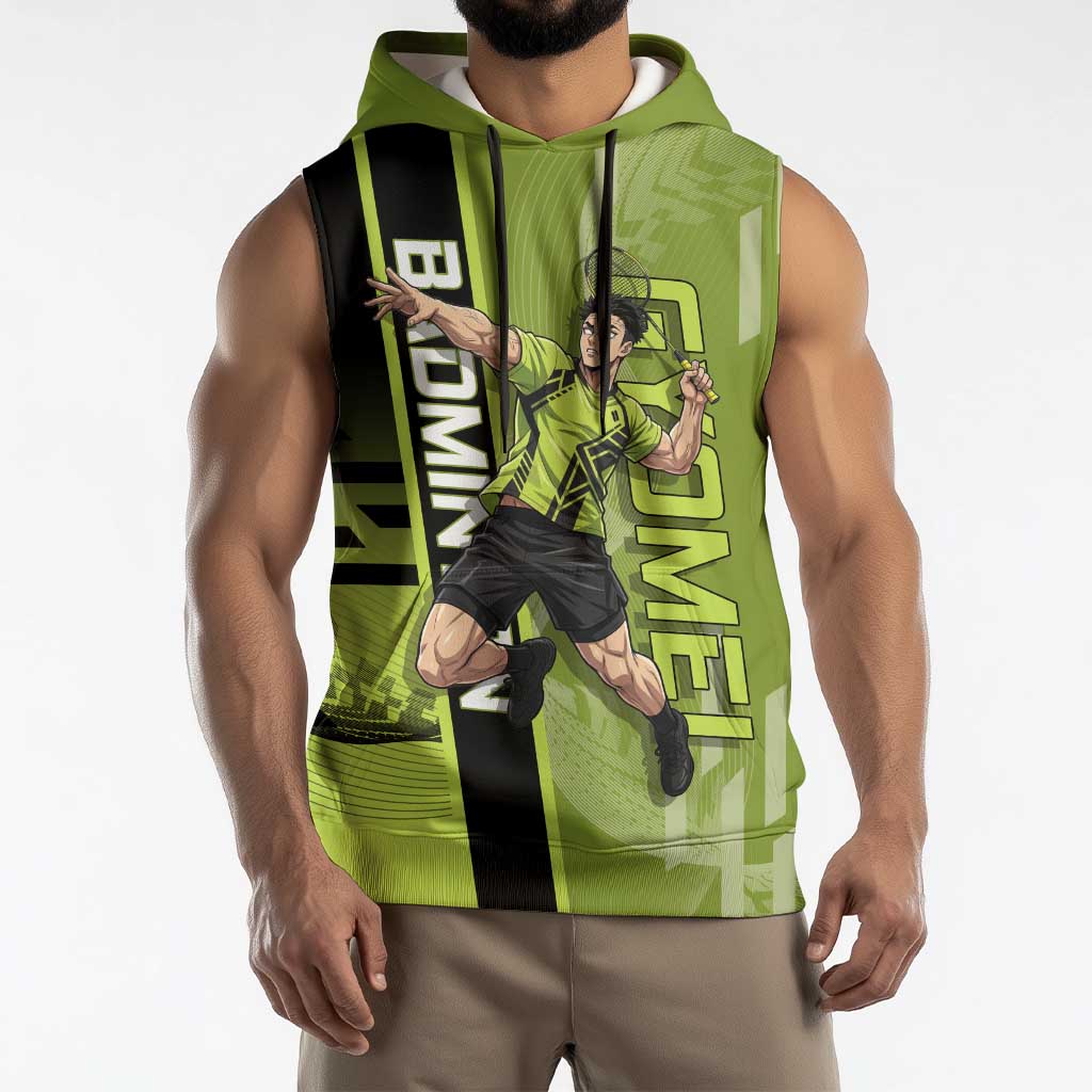 Personalized Gyomei Himejima Demon Slayer Badminton Sleeveless Hoodie with Racket Action Pose and Green Black Graphic Design - The Mazicc