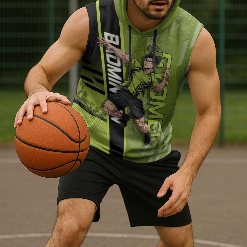 Personalized Gyomei Himejima Demon Slayer Badminton Sleeveless Hoodie with Racket Action Pose and Green Black Graphic Design - The Mazicc