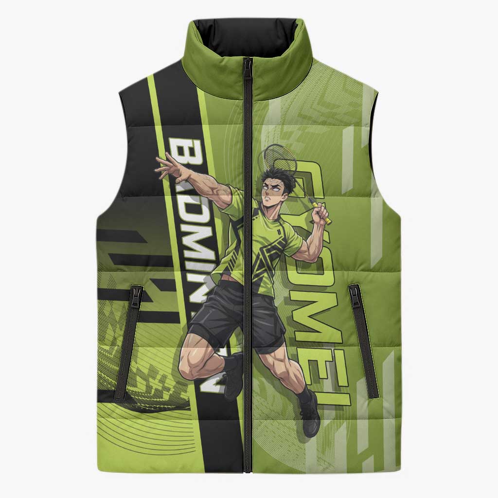 Personalized Gyomei Himejima Demon Slayer Badminton Sleeveless Puffer Jacket with Racket Action Pose and Green Black Graphic Design - The Mazicc