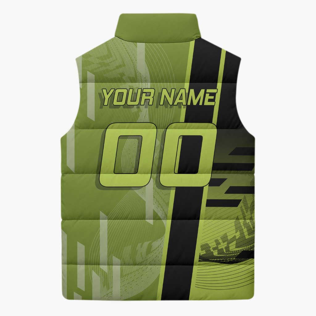 Personalized Gyomei Himejima Demon Slayer Badminton Sleeveless Puffer Jacket with Racket Action Pose and Green Black Graphic Design - The Mazicc