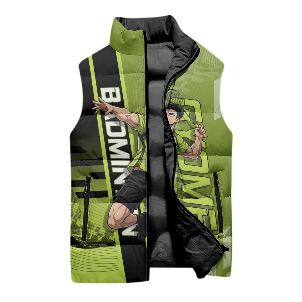 Personalized Gyomei Himejima Demon Slayer Badminton Sleeveless Puffer Jacket with Racket Action Pose and Green Black Graphic Design - The Mazicc