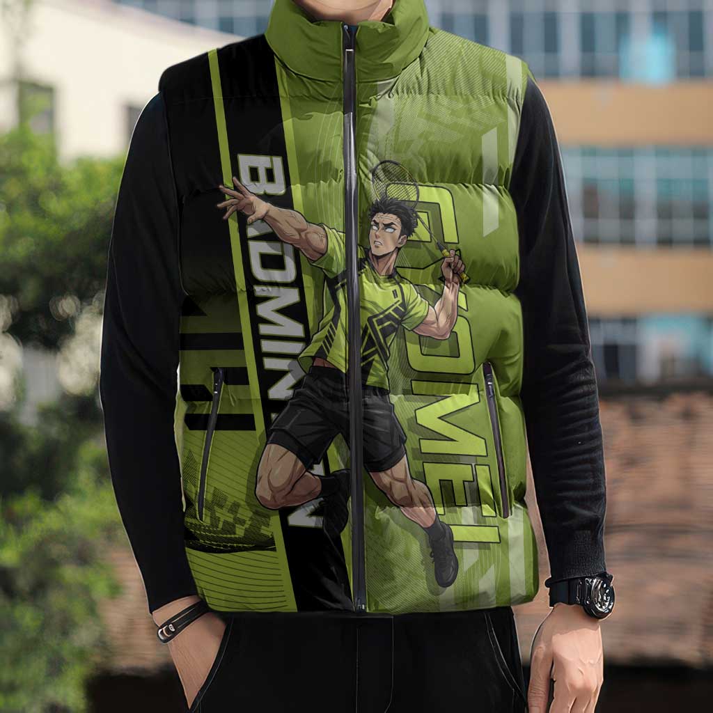 Personalized Gyomei Himejima Demon Slayer Badminton Sleeveless Puffer Jacket with Racket Action Pose and Green Black Graphic Design - The Mazicc