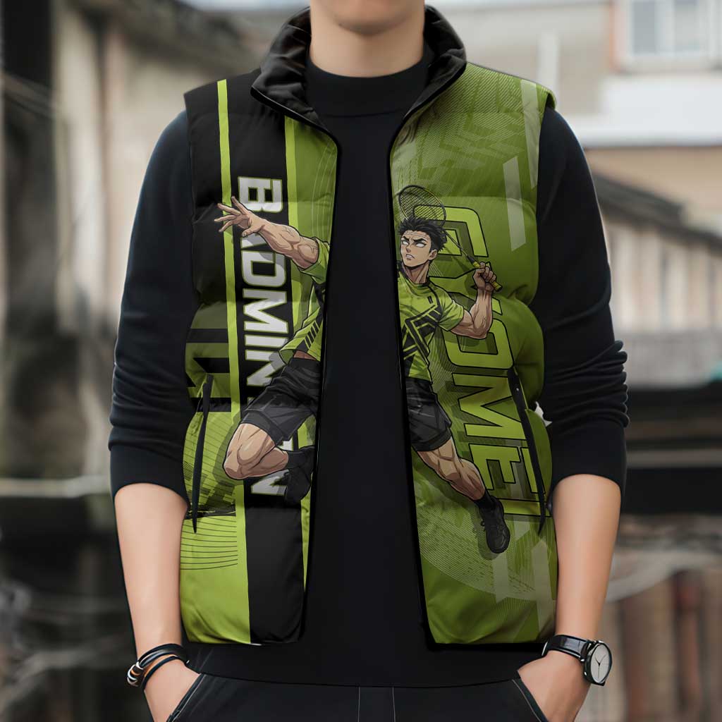 Personalized Gyomei Himejima Demon Slayer Badminton Sleeveless Puffer Jacket with Racket Action Pose and Green Black Graphic Design - The Mazicc