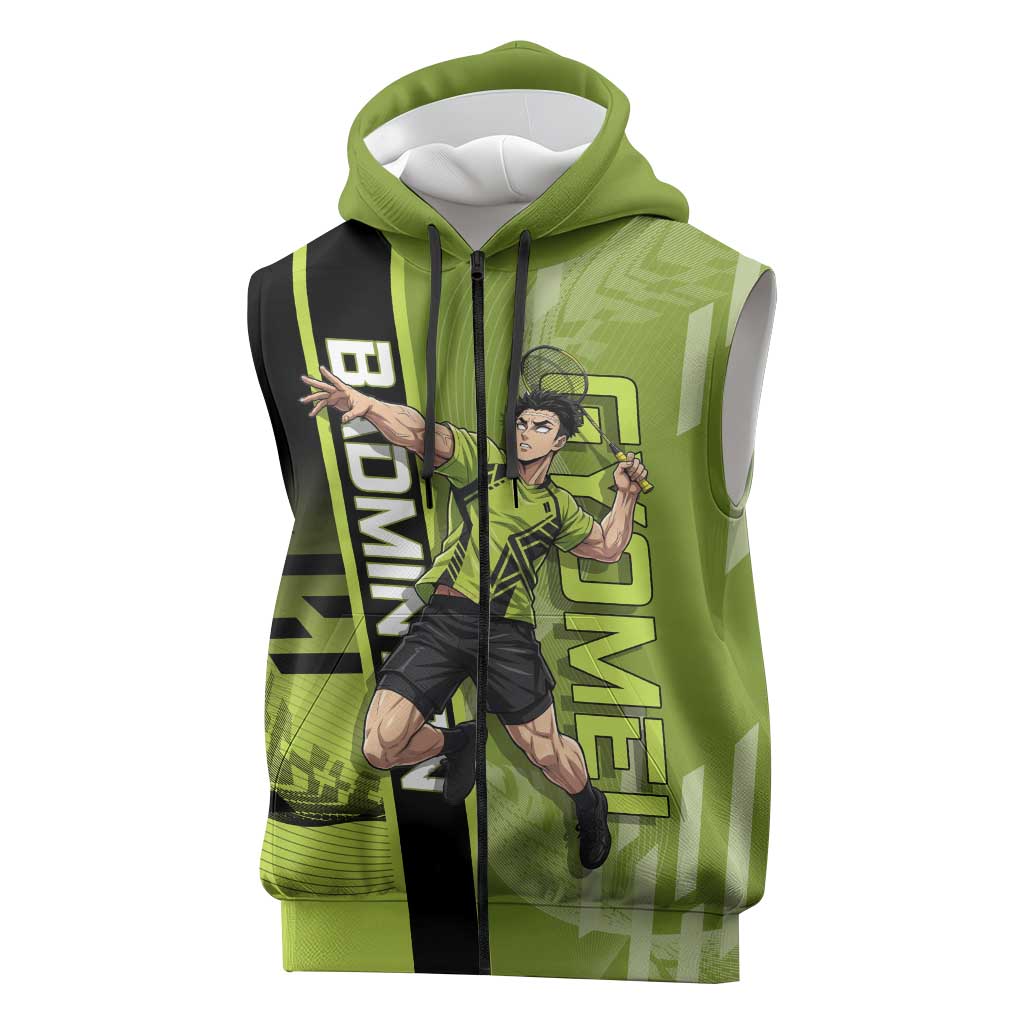 Personalized Gyomei Himejima Demon Slayer Badminton Sleeveless Zip Hoodie with Racket Action Pose and Green Black Graphic Design - The Mazicc