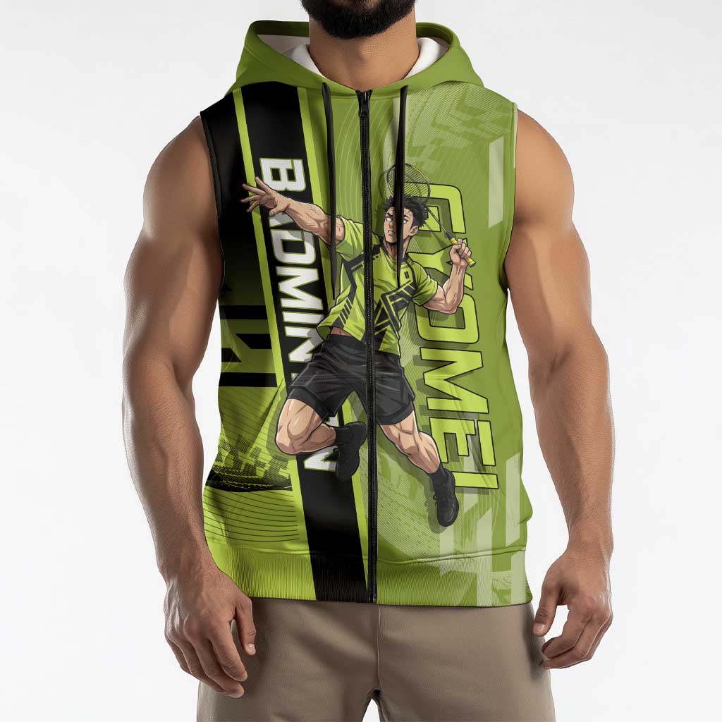 Personalized Gyomei Himejima Demon Slayer Badminton Sleeveless Zip Hoodie with Racket Action Pose and Green Black Graphic Design - The Mazicc