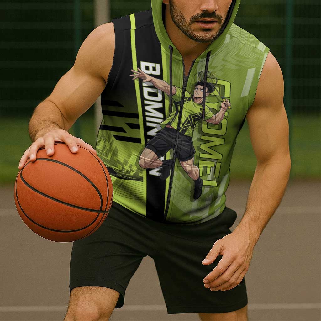 Personalized Gyomei Himejima Demon Slayer Badminton Sleeveless Zip Hoodie with Racket Action Pose and Green Black Graphic Design - The Mazicc