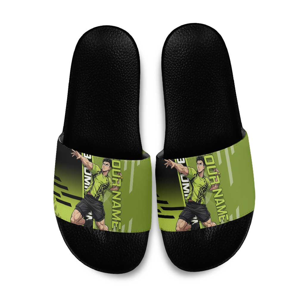 Personalized Gyomei Himejima Demon Slayer Badminton Slide Sandals with Racket Action Pose and Green Black Graphic Design - The Mazicc