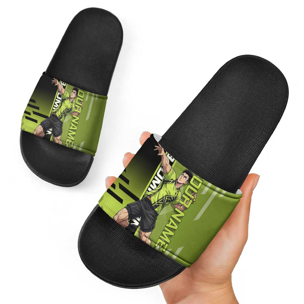 Personalized Gyomei Himejima Demon Slayer Badminton Slide Sandals with Racket Action Pose and Green Black Graphic Design - The Mazicc