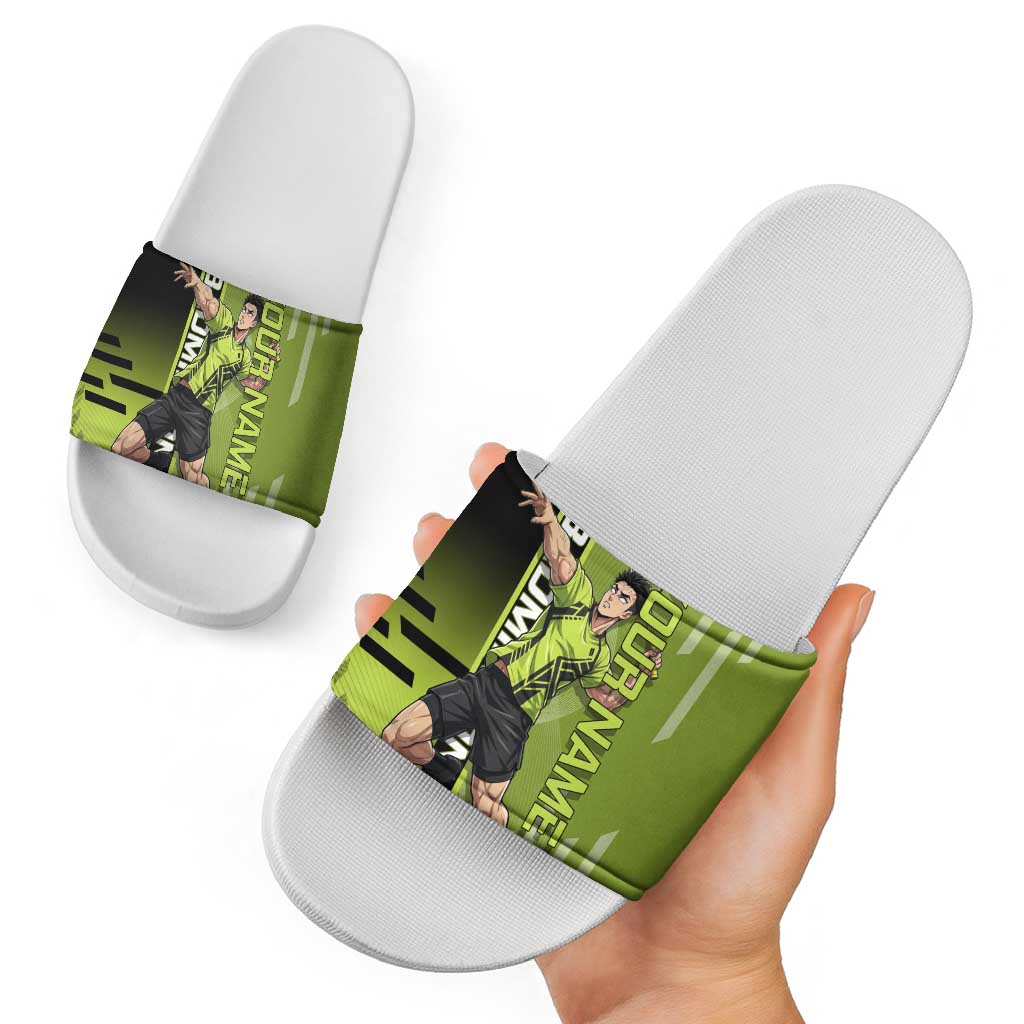 Personalized Gyomei Himejima Demon Slayer Badminton Slide Sandals with Racket Action Pose and Green Black Graphic Design - The Mazicc