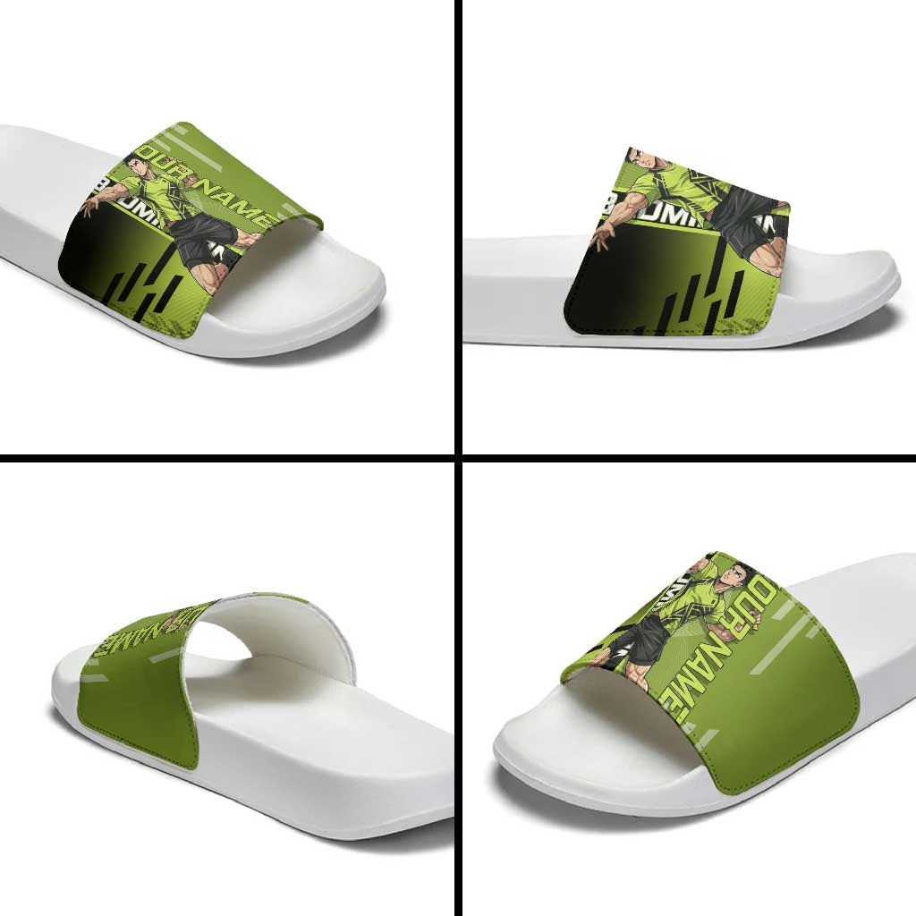 Personalized Gyomei Himejima Demon Slayer Badminton Slide Sandals with Racket Action Pose and Green Black Graphic Design - The Mazicc