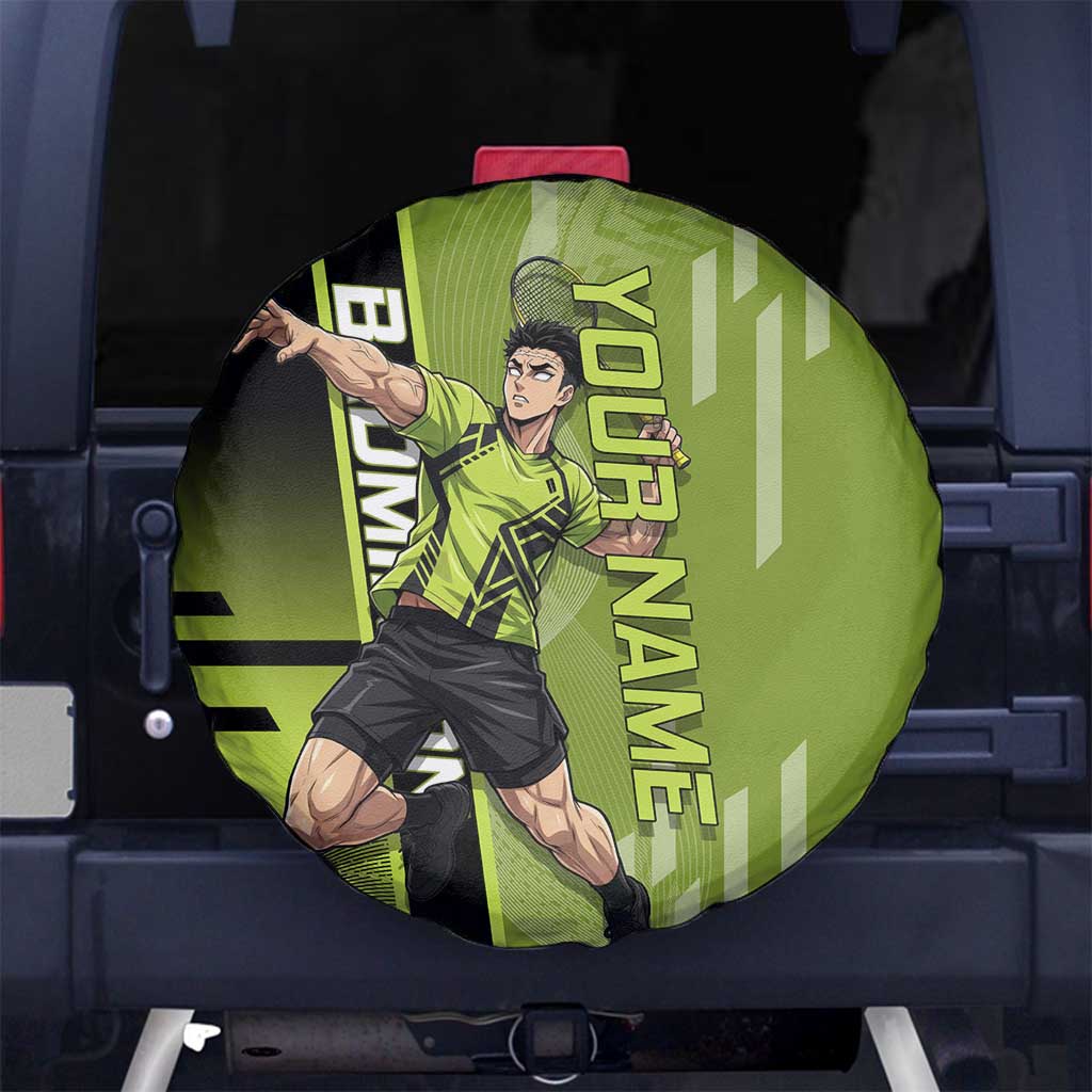 Personalized Gyomei Himejima Demon Slayer Badminton Spare Tire Cover with Racket Action Pose and Green Black Graphic Design - The Mazicc