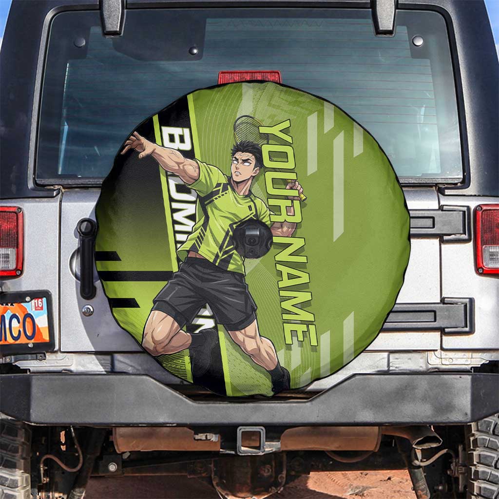 Personalized Gyomei Himejima Demon Slayer Badminton Spare Tire Cover with Racket Action Pose and Green Black Graphic Design - The Mazicc