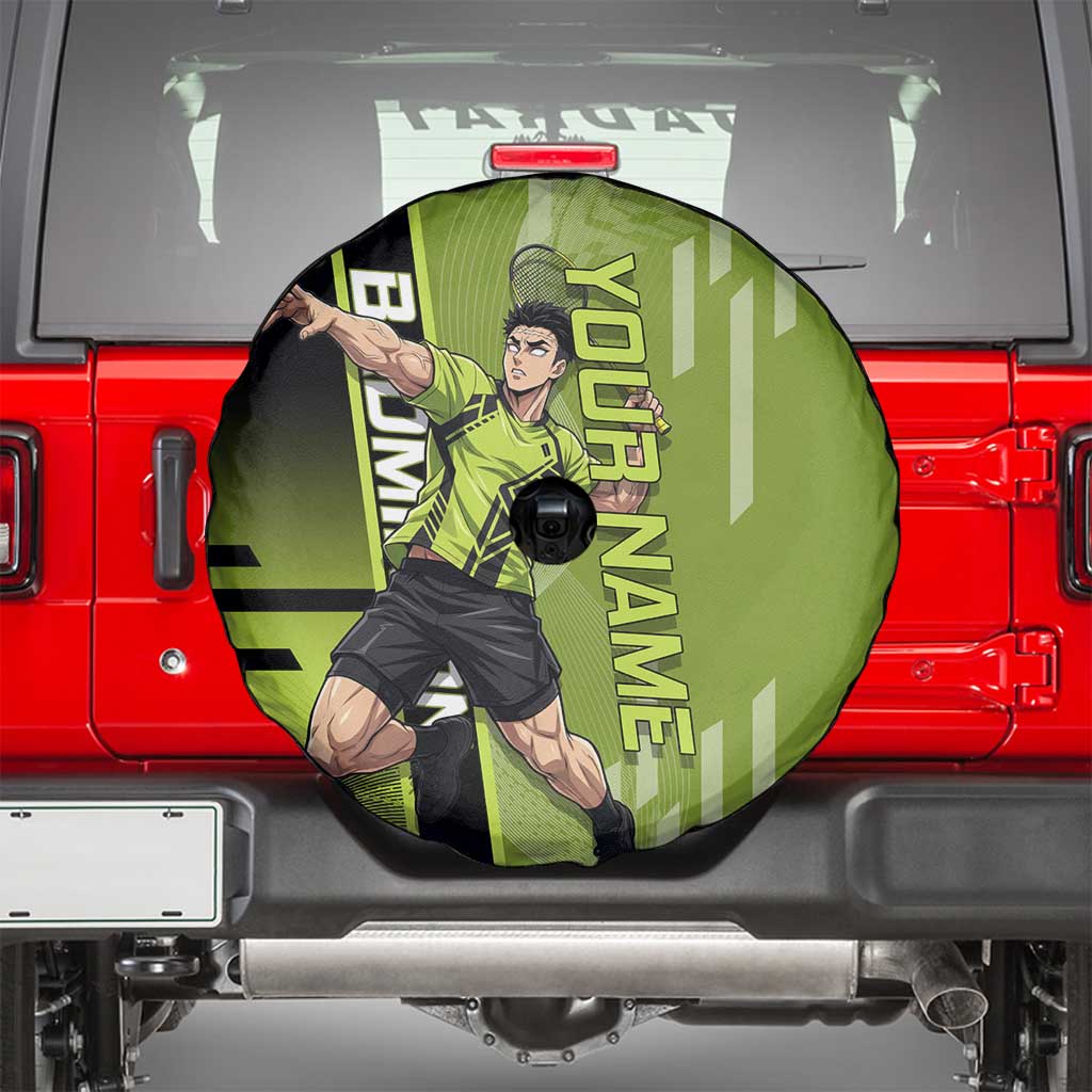 Personalized Gyomei Himejima Demon Slayer Badminton Spare Tire Cover with Racket Action Pose and Green Black Graphic Design - The Mazicc