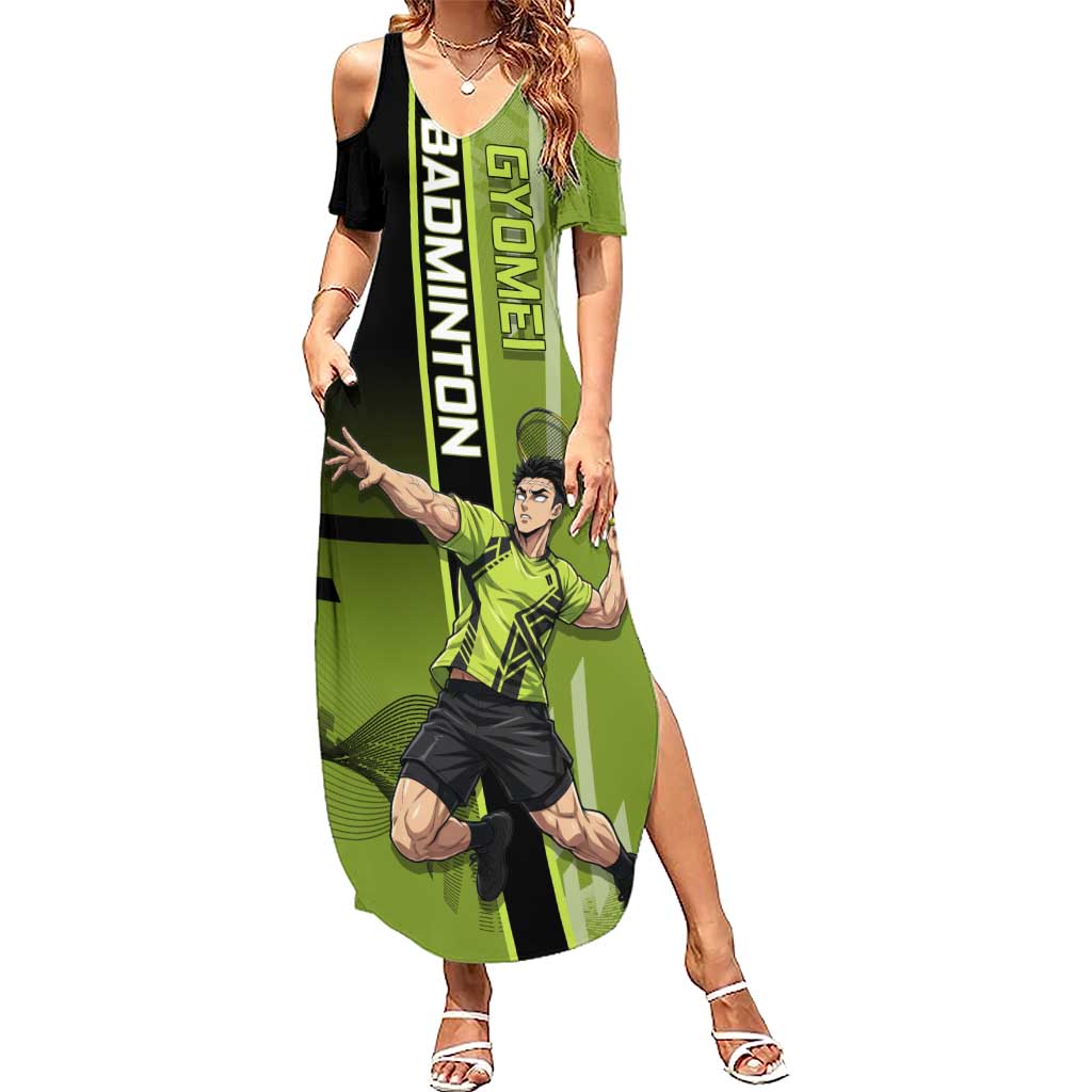 Personalized Gyomei Himejima Demon Slayer Badminton Summer Maxi Dress with Racket Action Pose and Green Black Graphic Design - The Mazicc