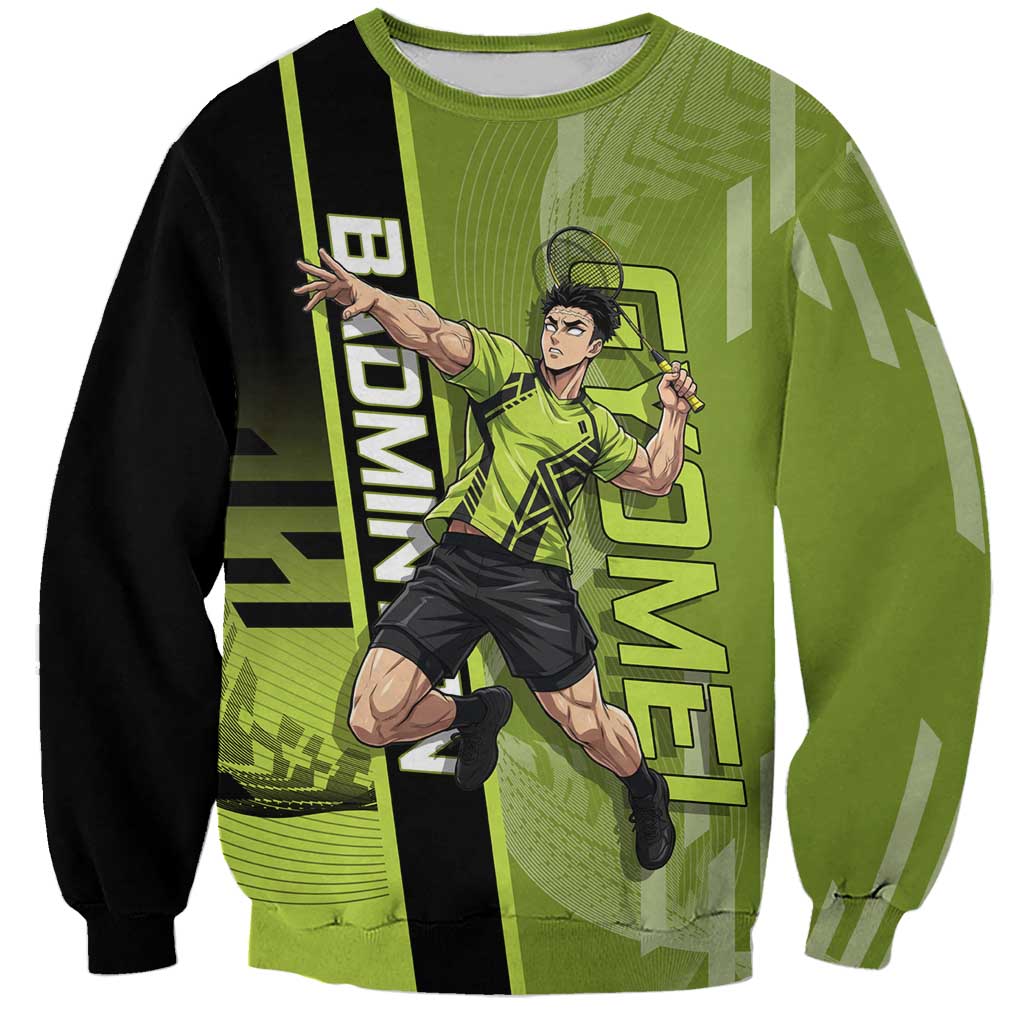 Personalized Gyomei Himejima Demon Slayer Badminton Sweatshirt with Racket Action Pose and Green Black Graphic Design - The Mazicc