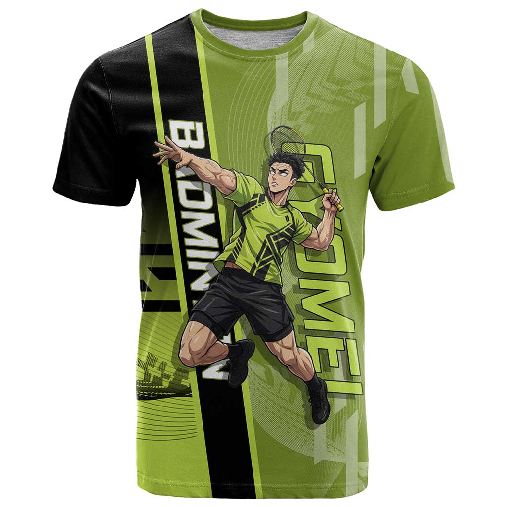 Personalized Gyomei Himejima Demon Slayer Badminton T Shirt with Racket Action Pose and Green Black Graphic Design - The Mazicc